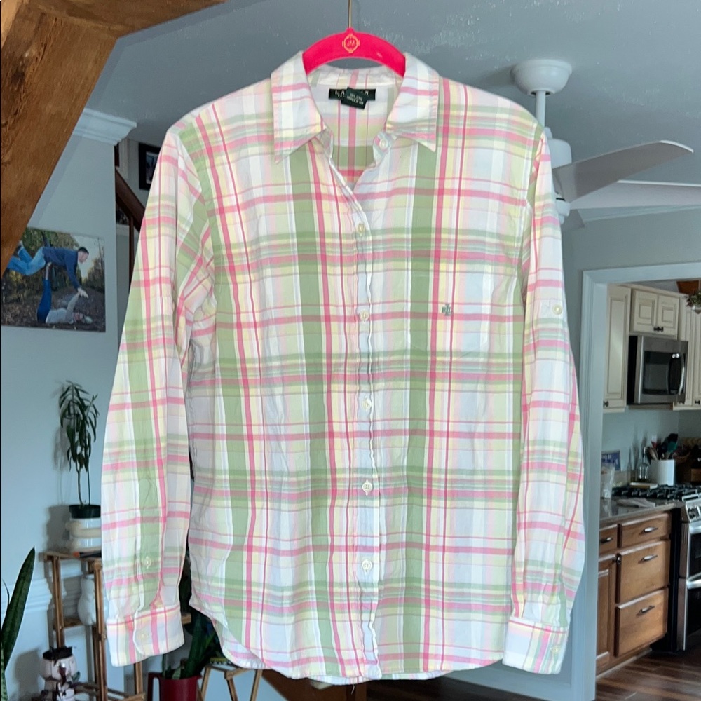 Ralph Lauren Green and Pink Plaid Long Sleeve Button Up Medium
